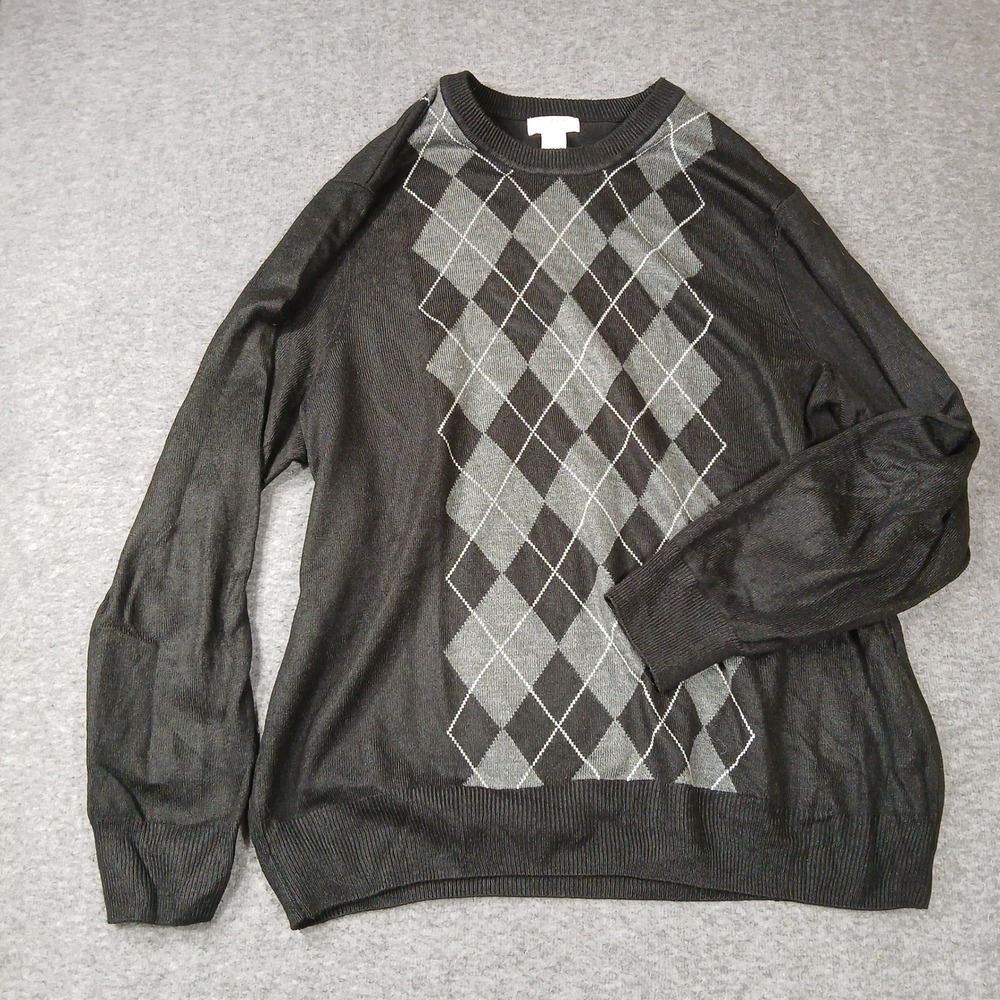 Dockers Mens Argyle Crewneck Sweater Black Grey Acrylic Pullover XL 736401547324